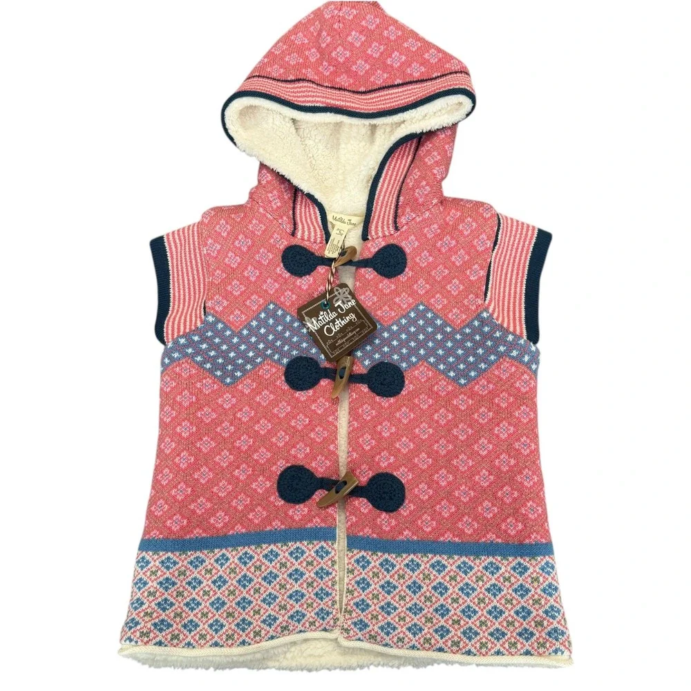 Matilda Jane Warm Hugs Girls Size 6 Pink Blue Fair Isle Sherpa Lined Hooded Vest